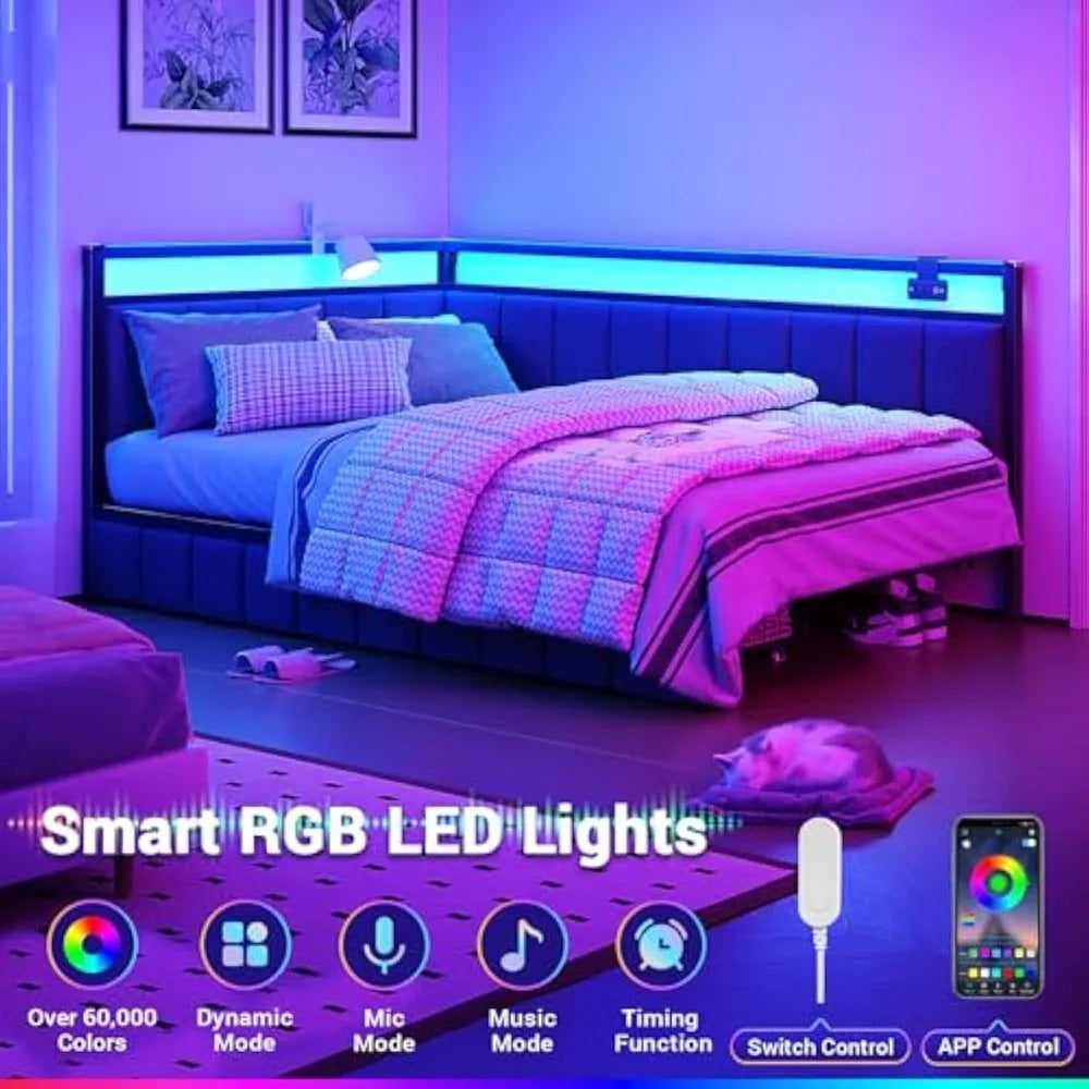 Bed Frame Twin Size with LED Light and Charging Station, Line Fabric Upholstered Twin Bed with 2 Underbed Storage Drawers