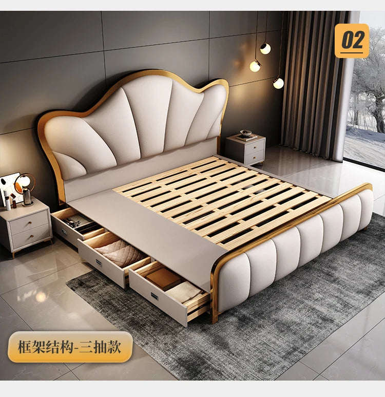 Nordic Luxury Double Bed Modern Wood High End Headboard Frame Double Bed Wedding Confortable Leather Cama De Casal Furnitures