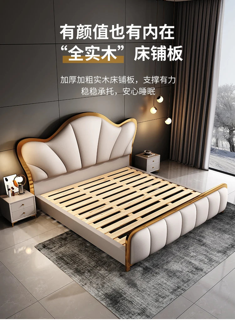 Nordic Luxury Double Bed Modern Wood High End Headboard Frame Double Bed Wedding Confortable Leather Cama De Casal Furnitures