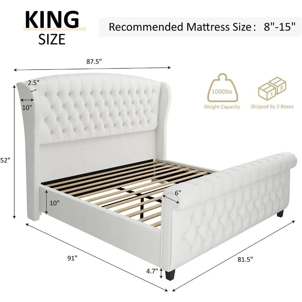 King Size Platform Bed Frame, Chenille Upholstered Sleigh Bed with Scroll Wingback Headboard & Footboard, Bed Frames