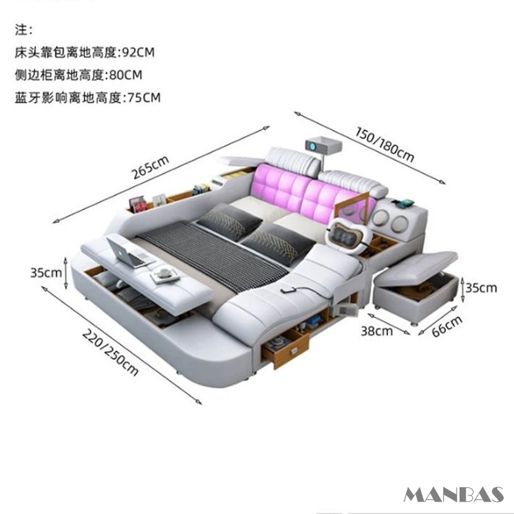 MINGDIBAO Tech Smart Genuine Leather Bed | Multifunctional Ultimate Beds | Massage Tatami Bed with Projecter | Upholstered Cama