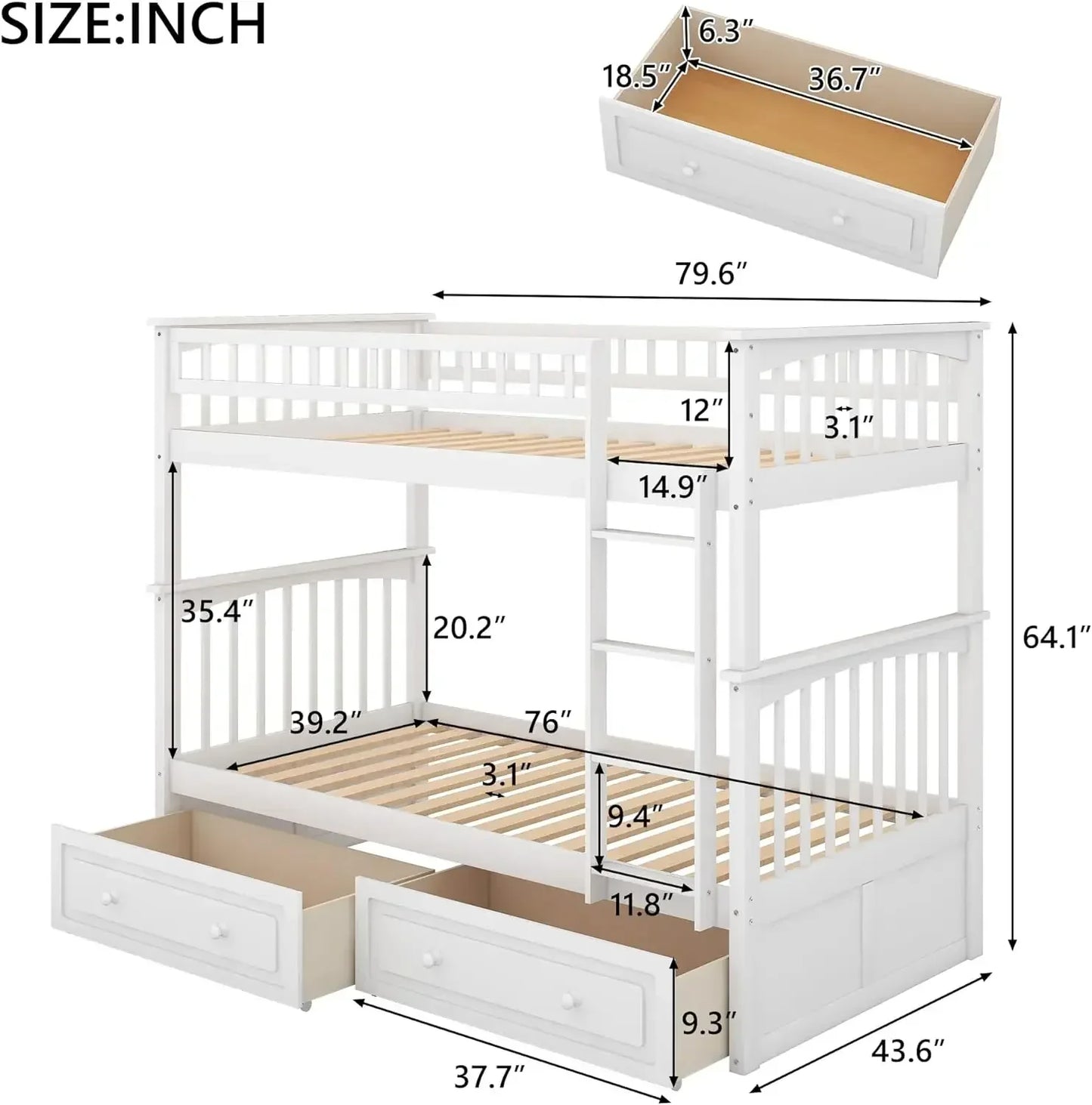 Twin Over Twin/Full Over Full Bunk Bed w/ Storage Drawers, Wooden Bunk Bed w/ Rail Ladder,Can be Convertible to 2 Beds,Grey/Whie