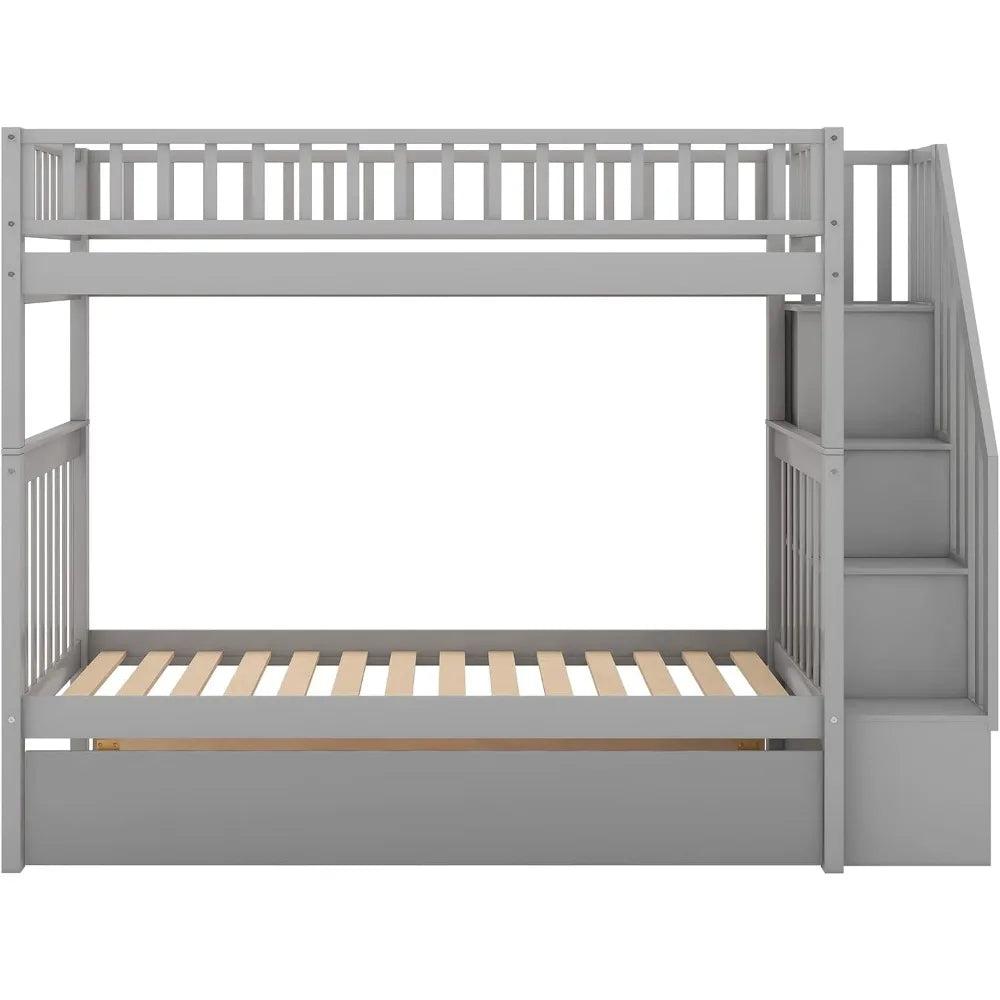 Bunk Beds Twin Over Twin Size, Solid Wood Bunk Beds with Trundle and Stairs for Kids,Toddler,Teens,Adults (Grey, Bunk Bed)