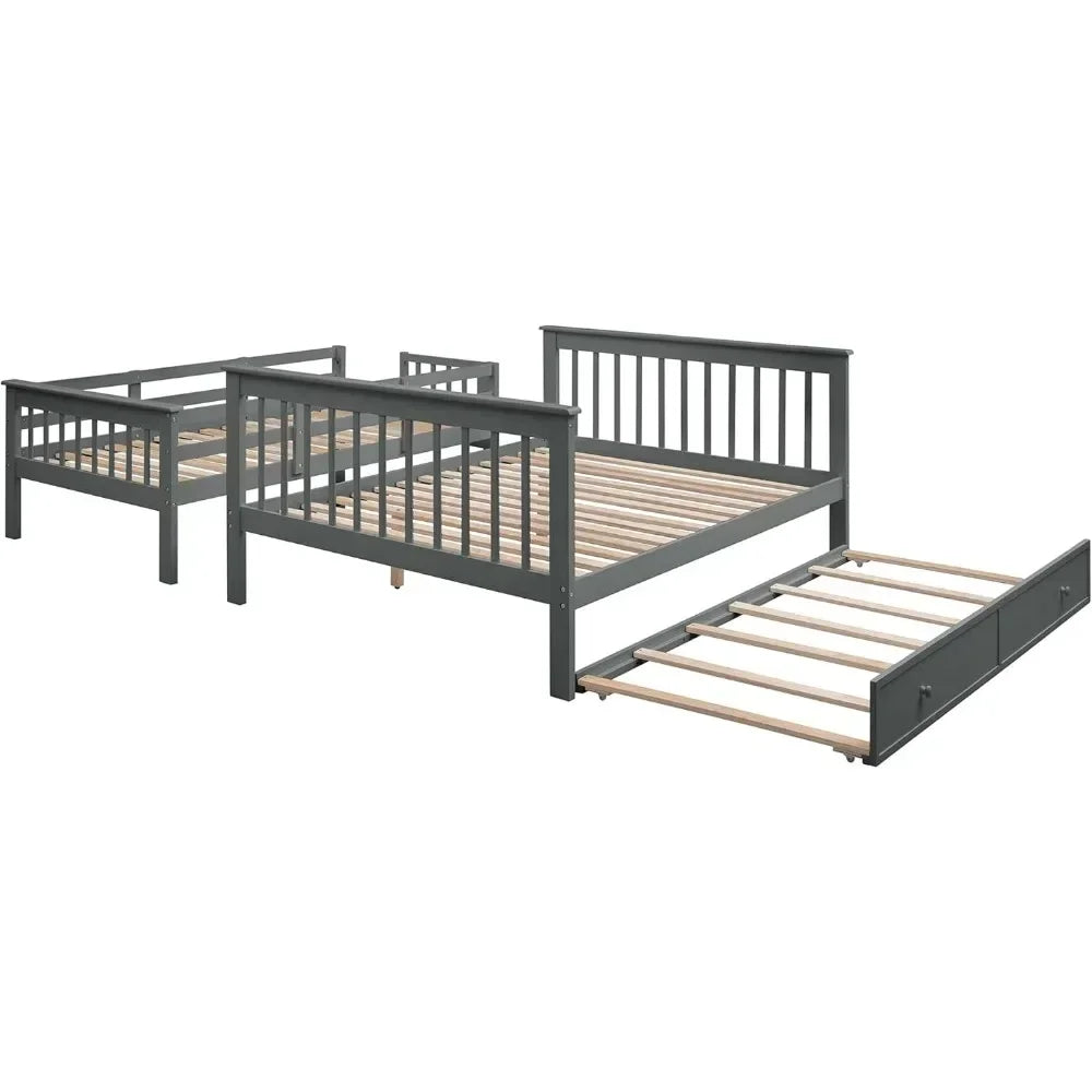 Bunk Bed, with Trundle and Storage Shelves, Twin Over Full Size Bunk SBeds Frame for Kids Teens Adults, Wood Bunk Bed Frame