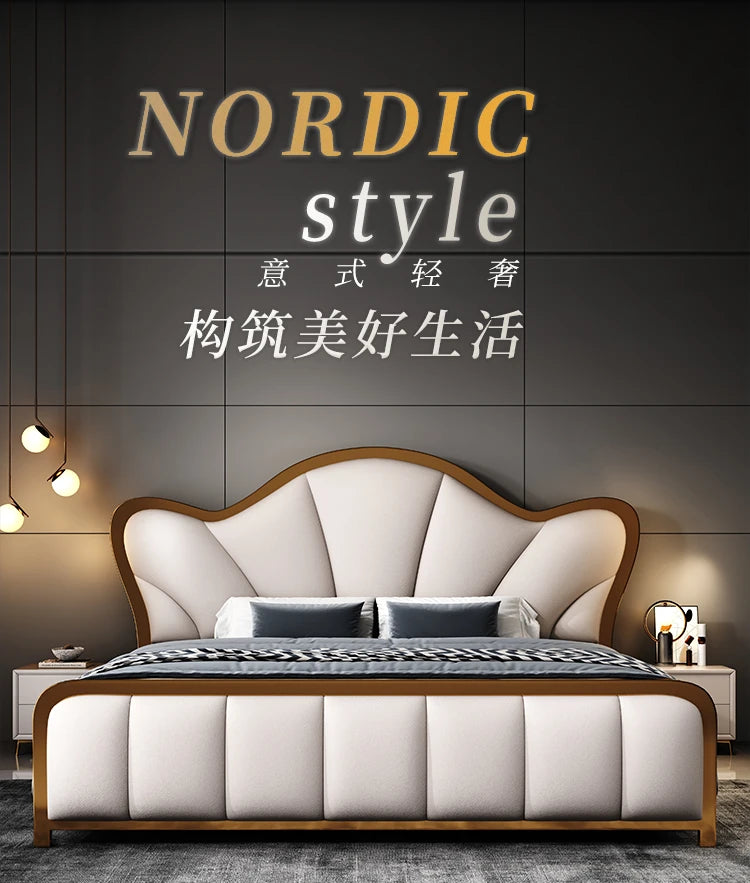 Nordic Luxury Double Bed Modern Wood High End Headboard Frame Double Bed Wedding Confortable Leather Cama De Casal Furnitures