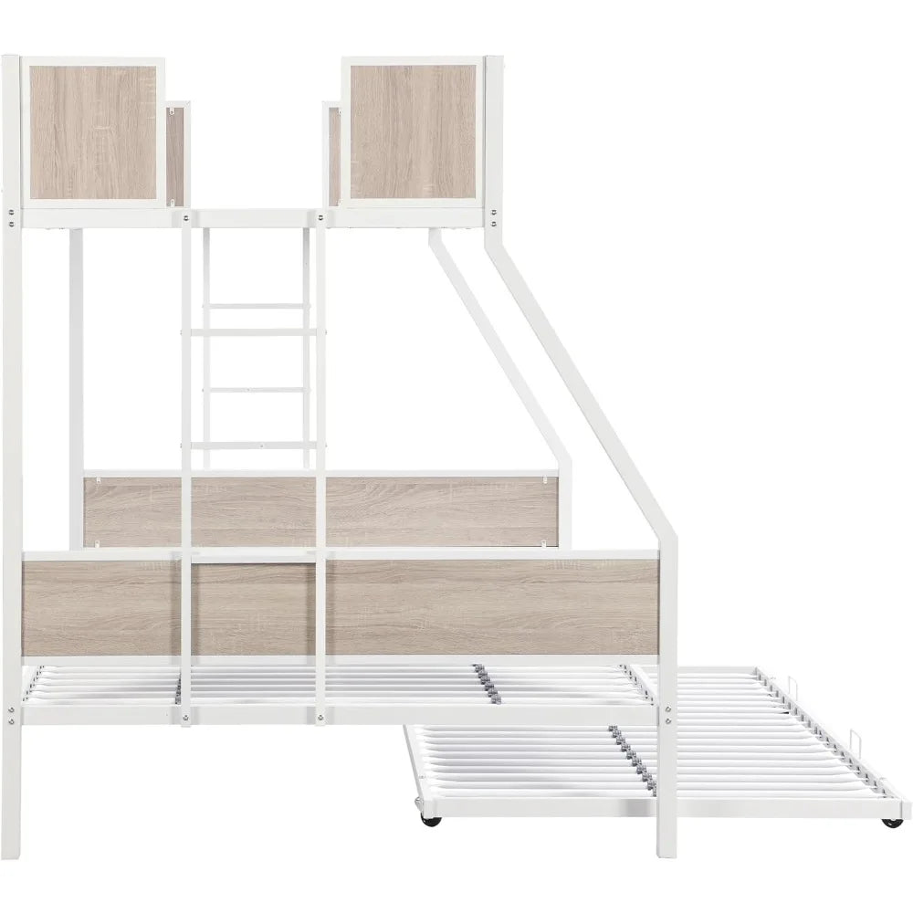 Twin Over Full Bunk Bed with Trundle, Metal Bunk Bed Frame with Safety Guardrail and 2 Ladder for Kids, Adults, Bedroom, No