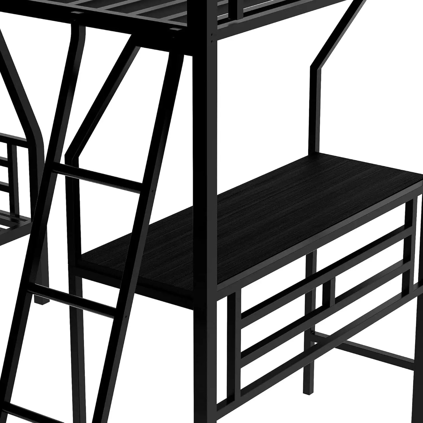 L-Shaped Metal Corner Bunk Bed with Loft Built-in Shelves Twin Over Full Black No Box Spring Needed 117"L x 77.9"W x 57.7"H