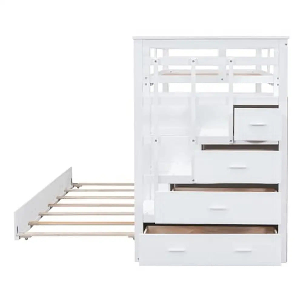 Solid Wood Twin Over Twin Bunk Bed with Trundle Storage Stairs and High Rails Kids Teens Adults Natural White 400lbs Capacity