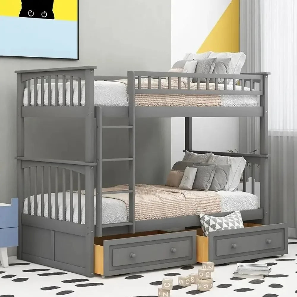 Twin Over Twin/Full Over Full Bunk Bed w/ Storage Drawers, Wooden Bunk Bed w/ Rail Ladder,Can be Convertible to 2 Beds,Grey/Whie