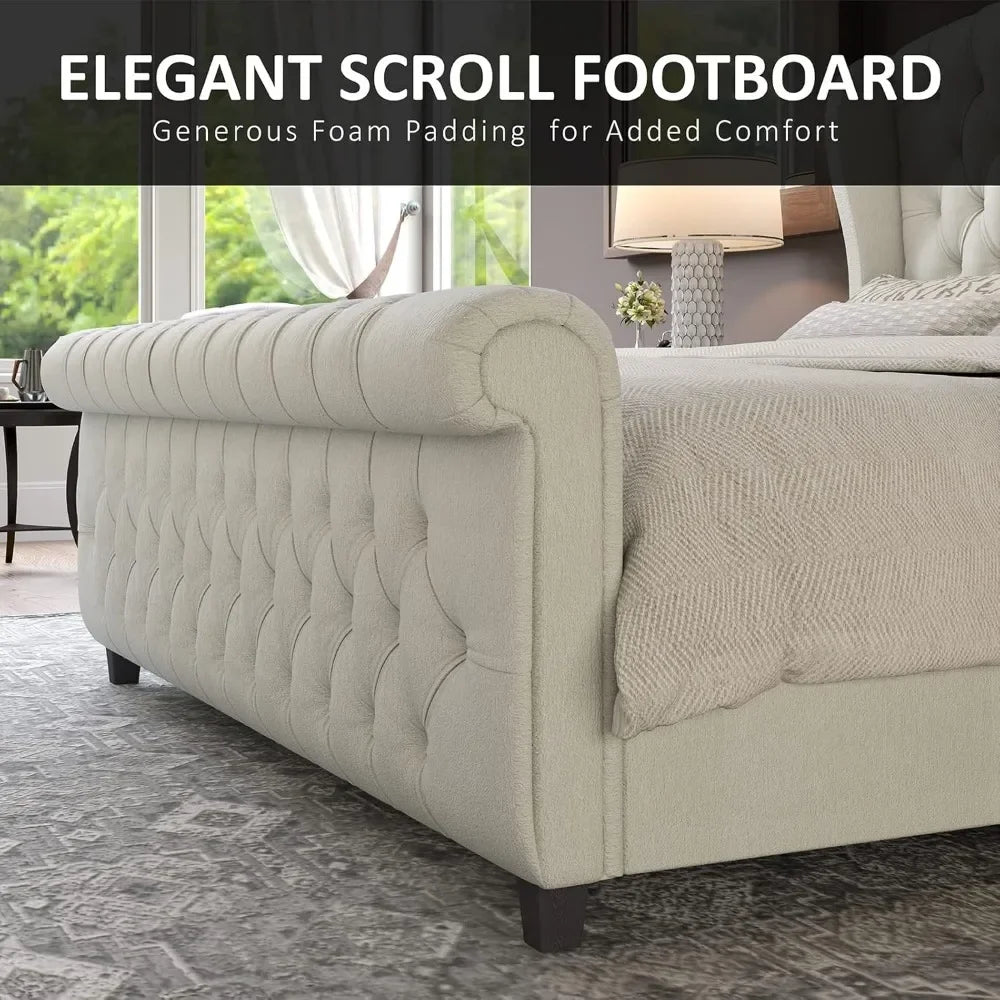 King Size Platform Bed Frame, Chenille Upholstered Sleigh Bed with Scroll Wingback Headboard & Footboard, Bed Frames