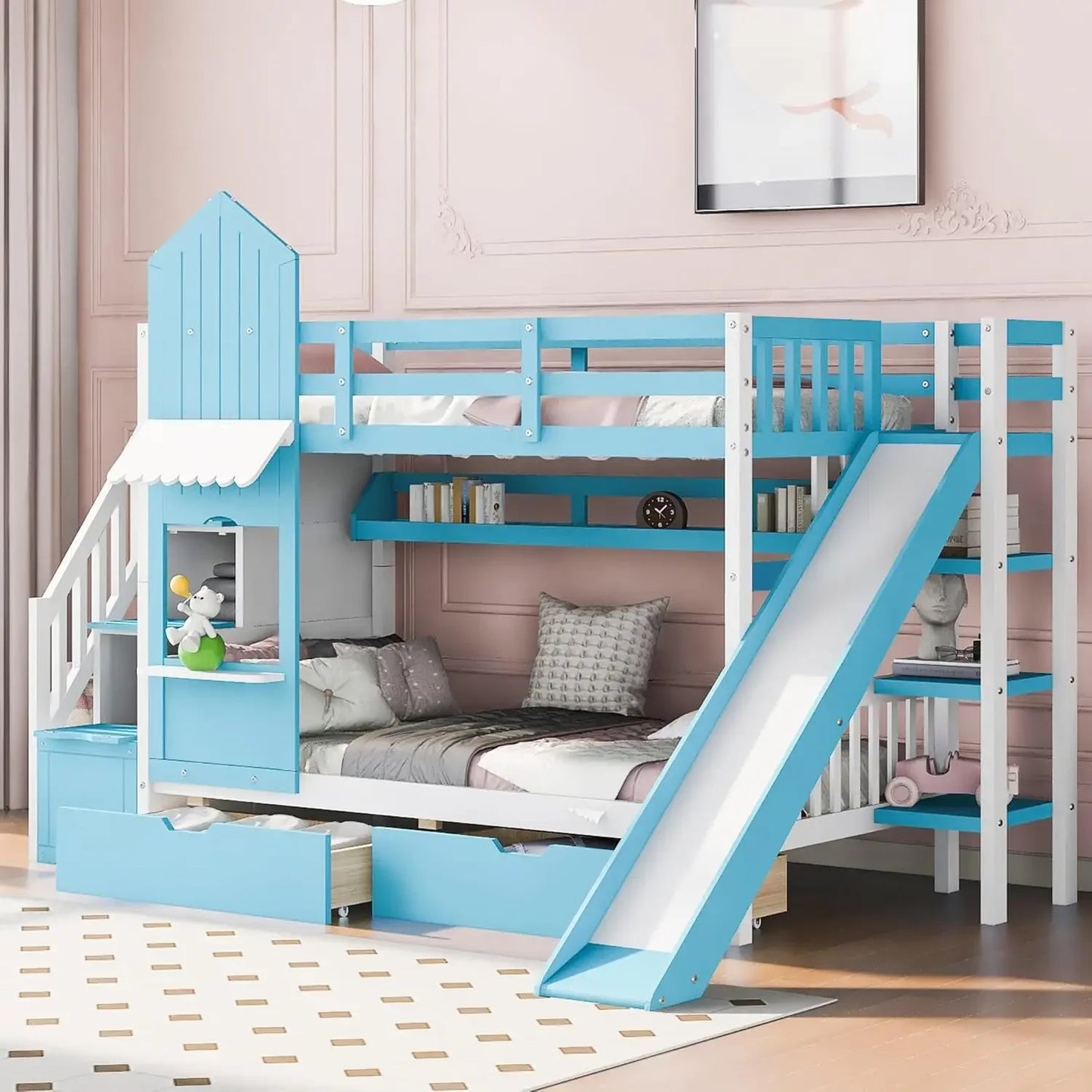 Kids Bunk Bed with Stairs & Slide, Wooden Full Over Full Bunk Bed with Storage, Castle Style Bunk Beds for Kids Teens Girls Boys