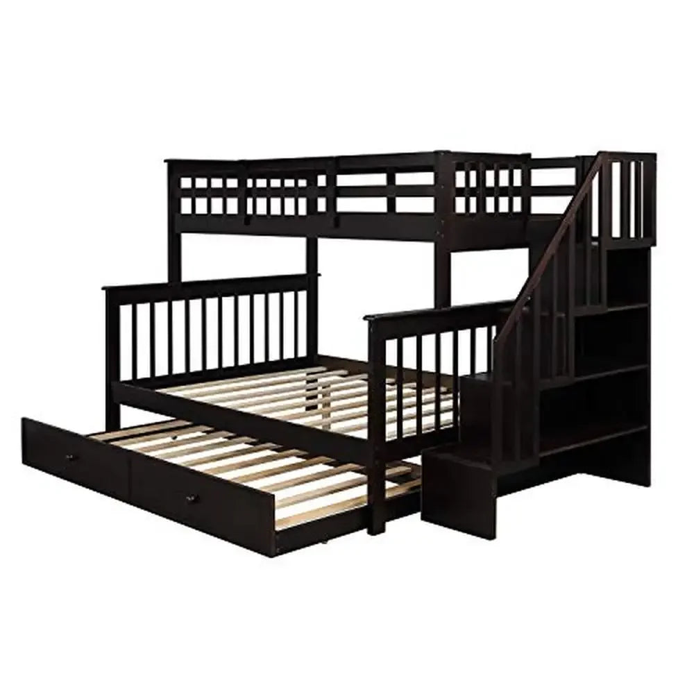 Twin Over Full Bunk Bed with Twin Trundle Stairway Storage Guard Rail Kids Adults Wooden Espresso Solid Pine MDF Functional Safe