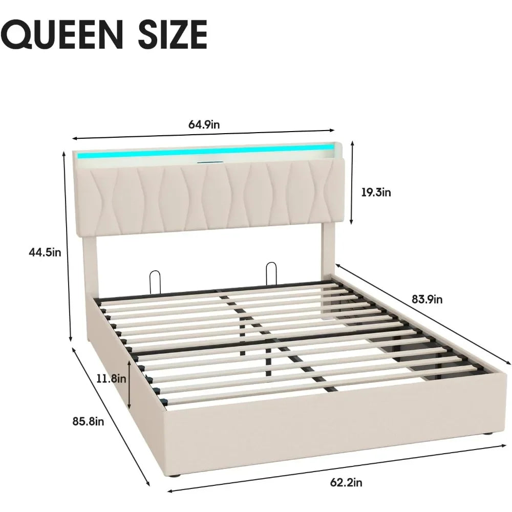 Queen Lift Up Storage Bed Frame with Adjustable Headboard, Charging Station, LED, Wood Slats, No Box Spring Needed, Bed Frame