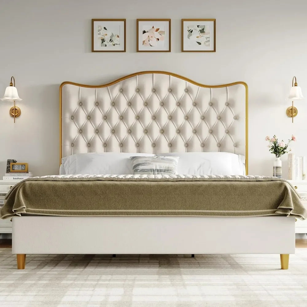 King Size Platform Bed Frame with 55" Tall Curved Headboard, Linen Modern Upholstered Bed Frame