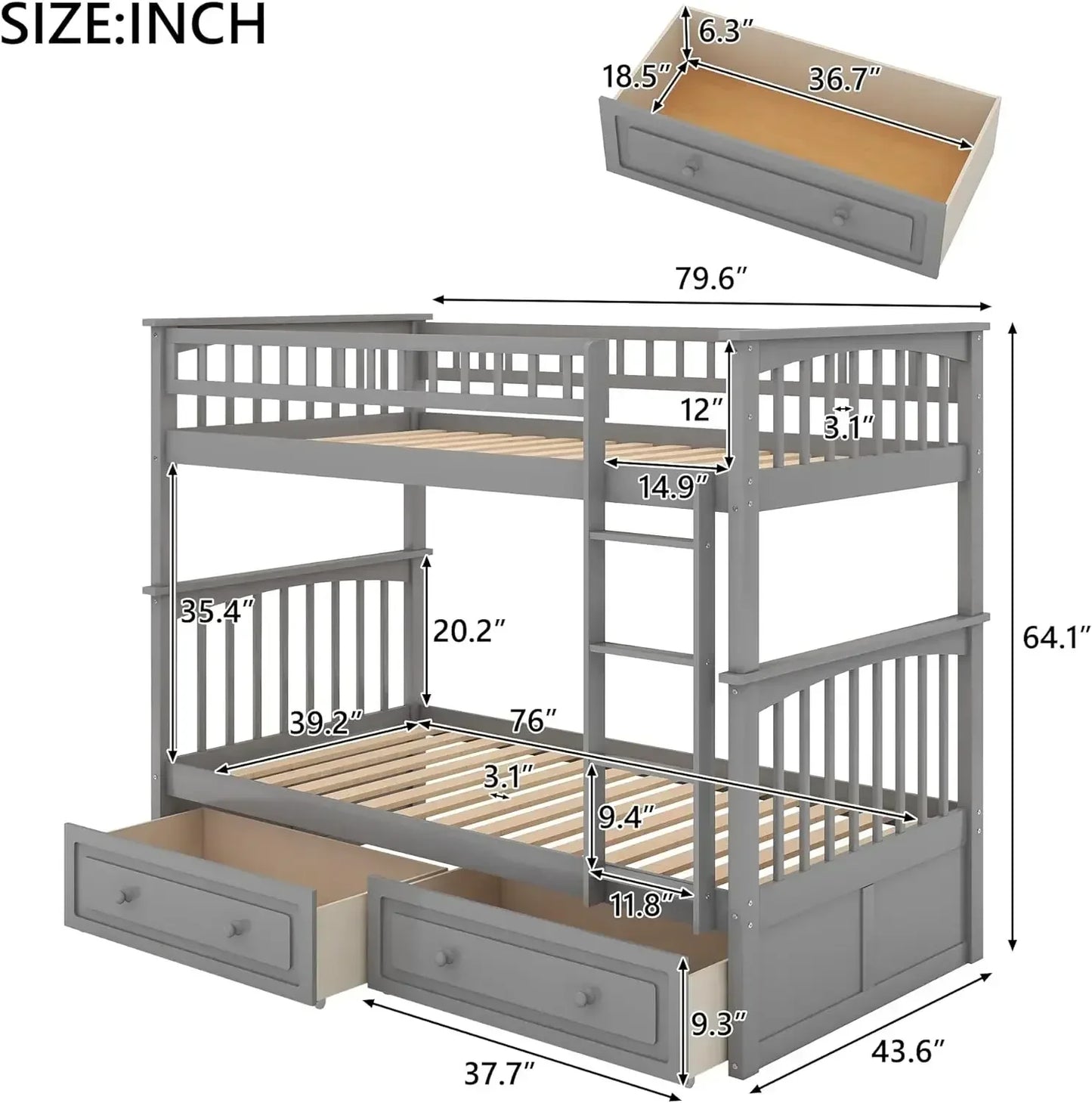 Twin Over Twin/Full Over Full Bunk Bed w/ Storage Drawers, Wooden Bunk Bed w/ Rail Ladder,Can be Convertible to 2 Beds,Grey/Whie