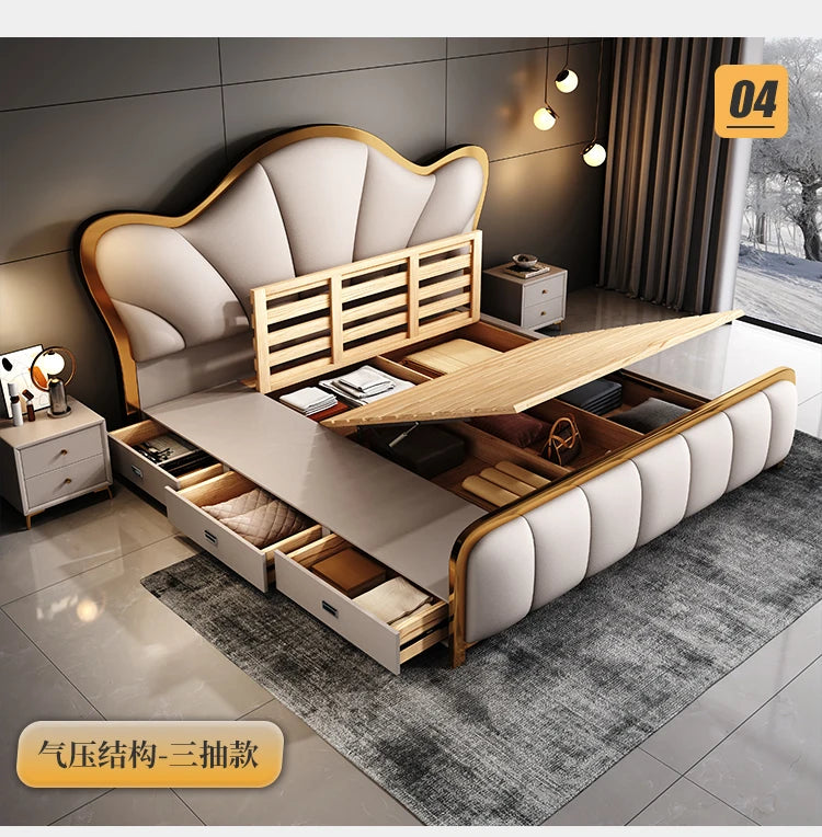 Nordic Luxury Double Bed Modern Wood High End Headboard Frame Double Bed Wedding Confortable Leather Cama De Casal Furnitures