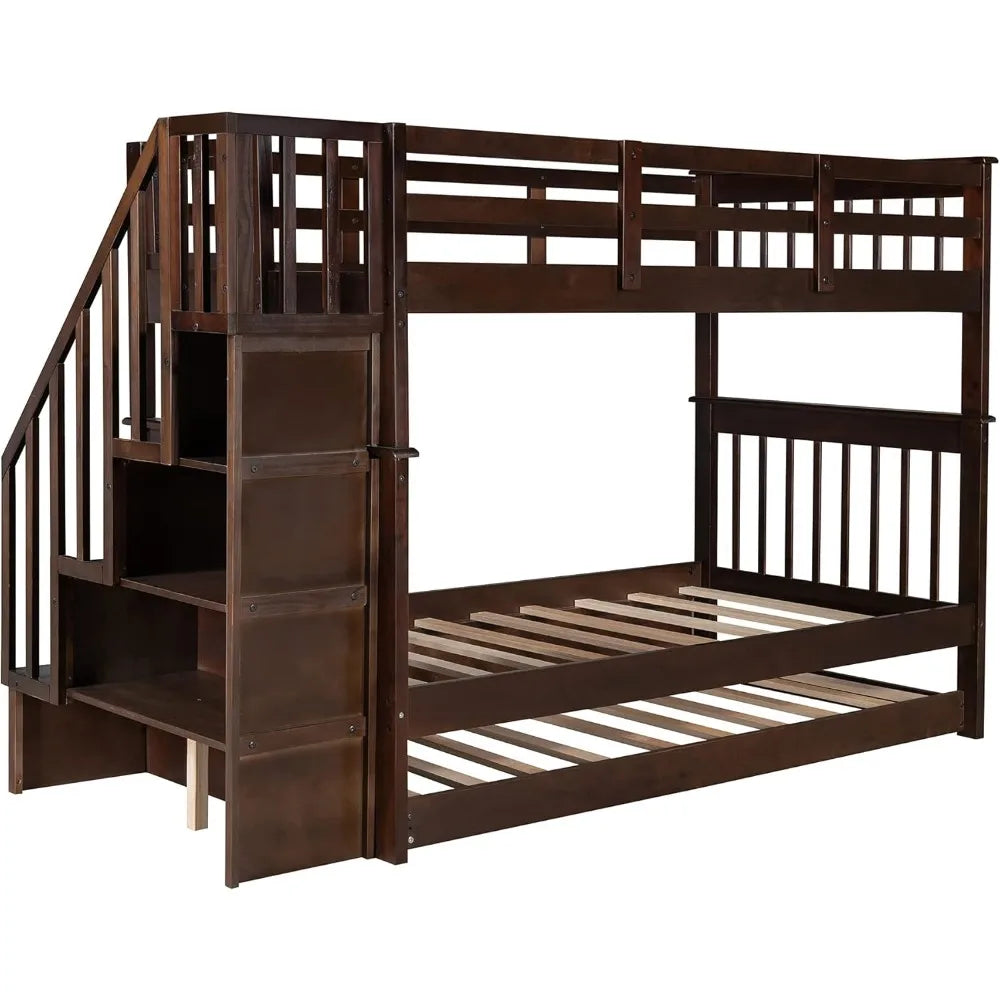 Twin Over Twin Bunk Bed with Stairs and Trundle, Solid Wood Stairway Bunk Bed Frame with Storage, for Kids Teens Adults–Espresso