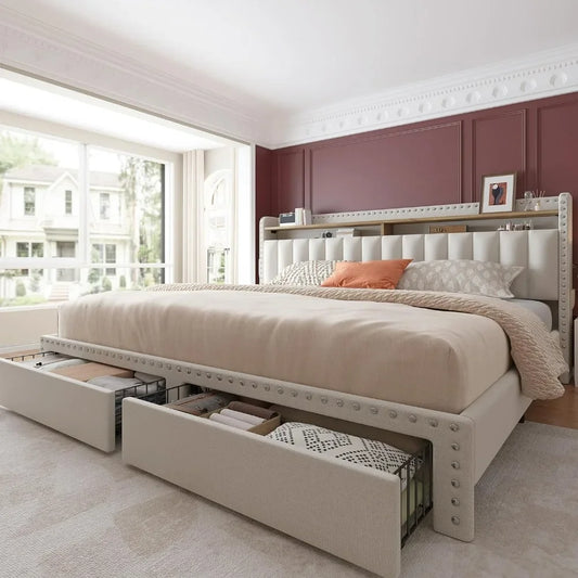 King Size Bed Frame with Storage and Headboard, Bed Frame with 2 Drawers and Storage, NO Noise,No Box Spring Needed