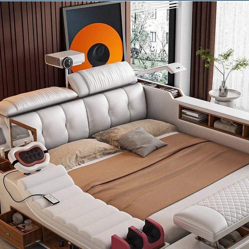 Modern Double Bed Girls Design Smart Bedroom Queen King Size Bed Beauty Sleeping Princess Leather Cama Lounge Suite Furniture