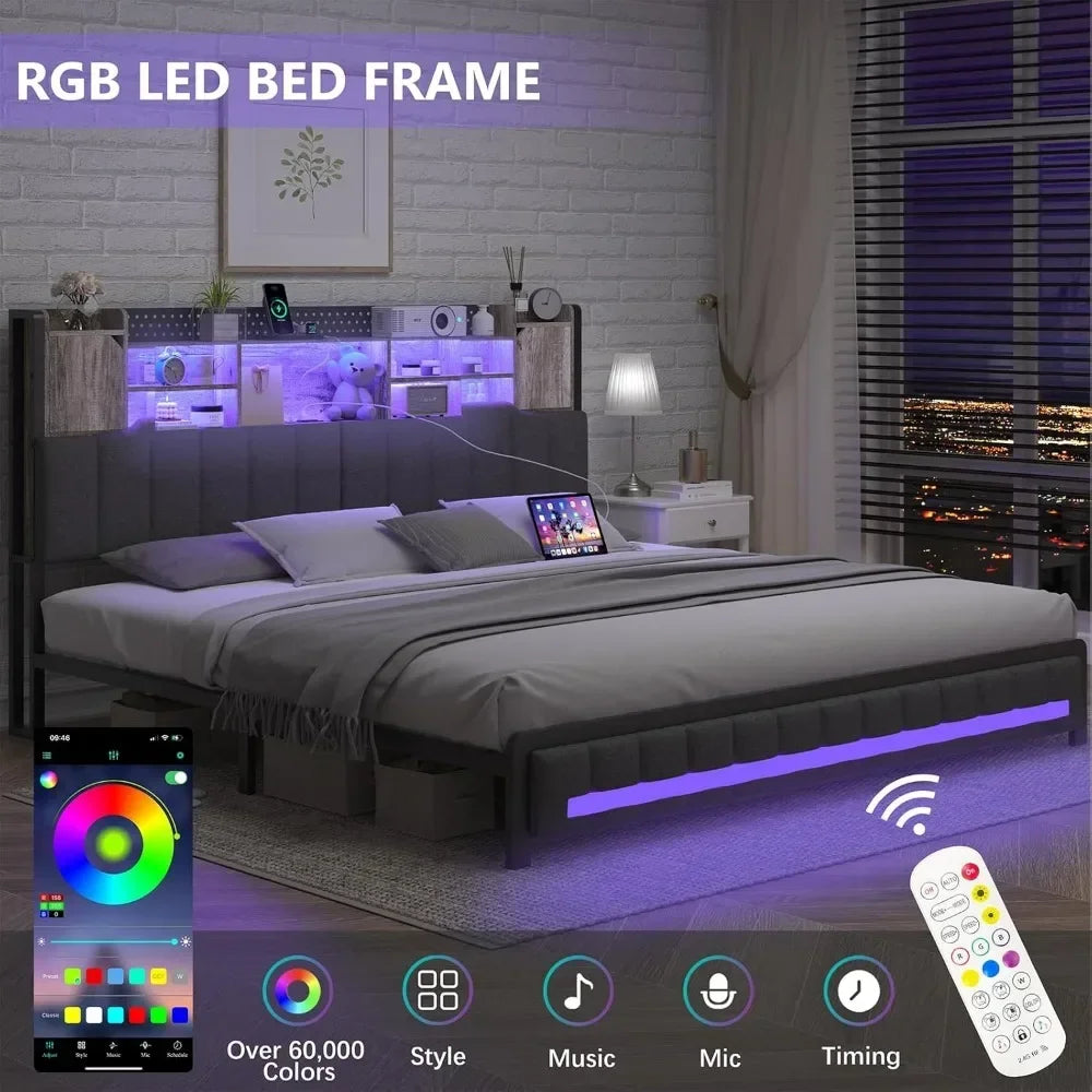 King Bed Frame and Bookcase Storage Headboard, LED Upholstered Bed Frame with Charging Station, Light Up Platform Bed Frame