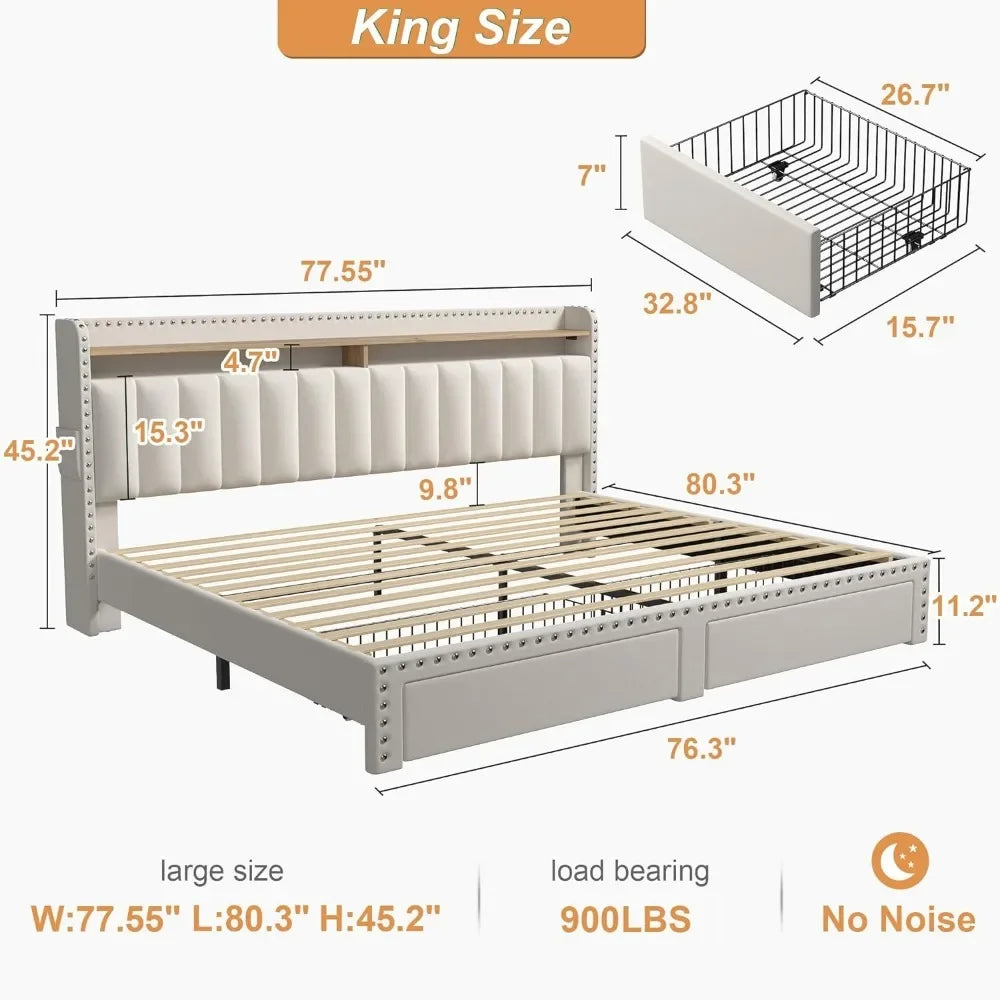 King Size Bed Frame with Storage and Headboard, Bed Frame with 2 Drawers and Storage, NO Noise,No Box Spring Needed