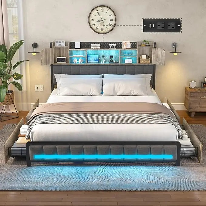 King Bed Frame and Bookcase Storage Headboard, LED Upholstered Bed Frame with Charging Station, Light Up Platform Bed Frame