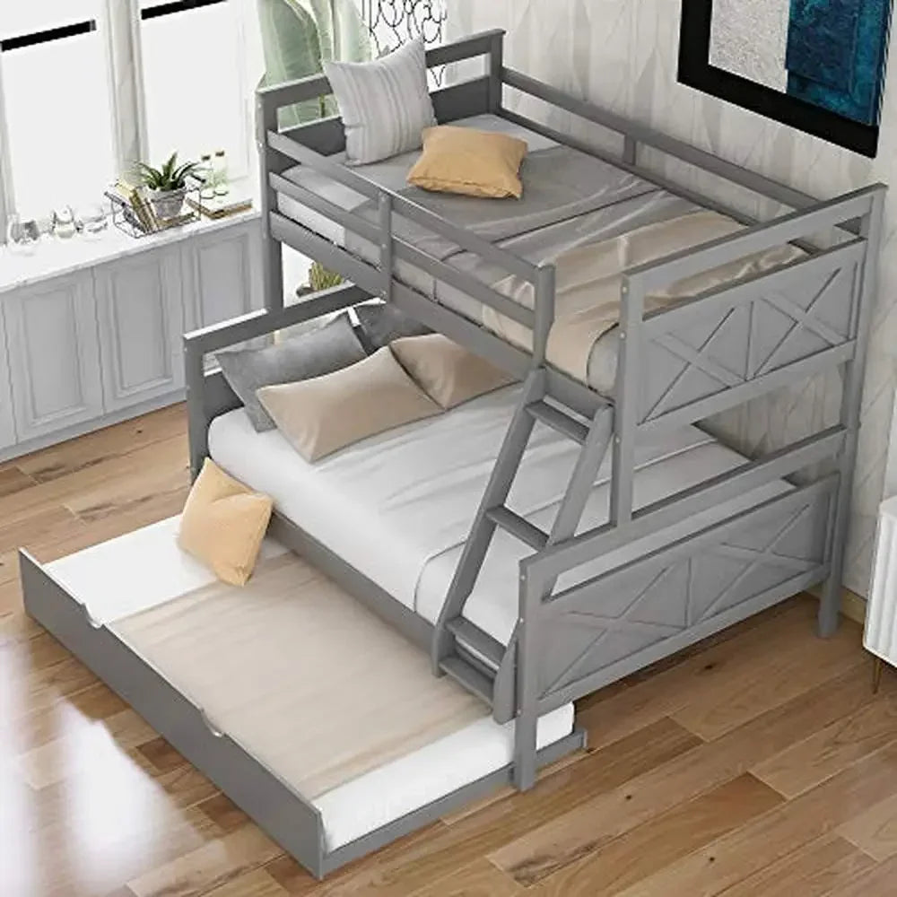 Twin Over Full Bunk Bed with Trundle Solid Wood Frame Guardrail Ladder Grey Finish Sturdy & Space Saving 78.7''L*96.5''W*62.3''H