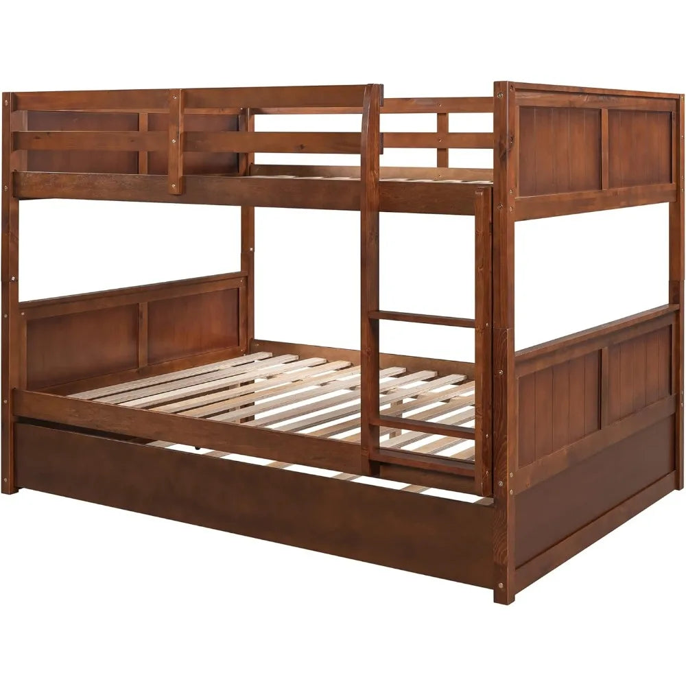 Full Over Bunk Beds, Solid Wood Bed with Trundle/Ladder/Safety Rail, for Kids Teens and Adults, Space Saving Bedroom Furniture