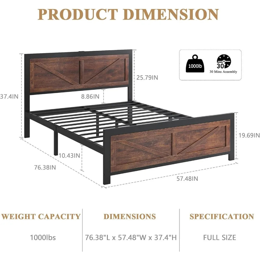 Led Bed Frame Queen/Full/King Size with Charging Station, Industrial Platform Bed Frame with Rustic Barn Door Wood Headboard