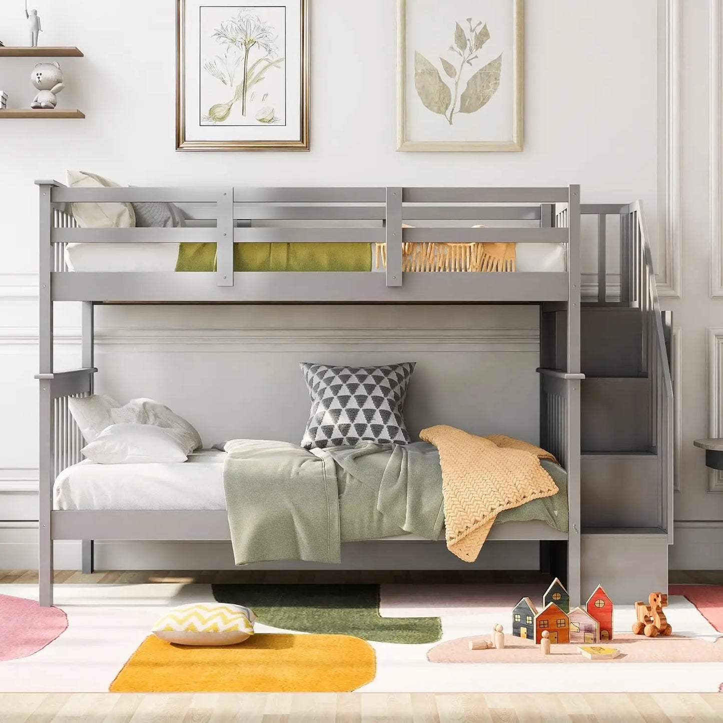 Bunk Beds Twin Over Twin Size, Solid Wood Bunk Beds with Trundle and Stairs for Kids,Toddler,Teens,Adults (Grey, Bunk Bed)