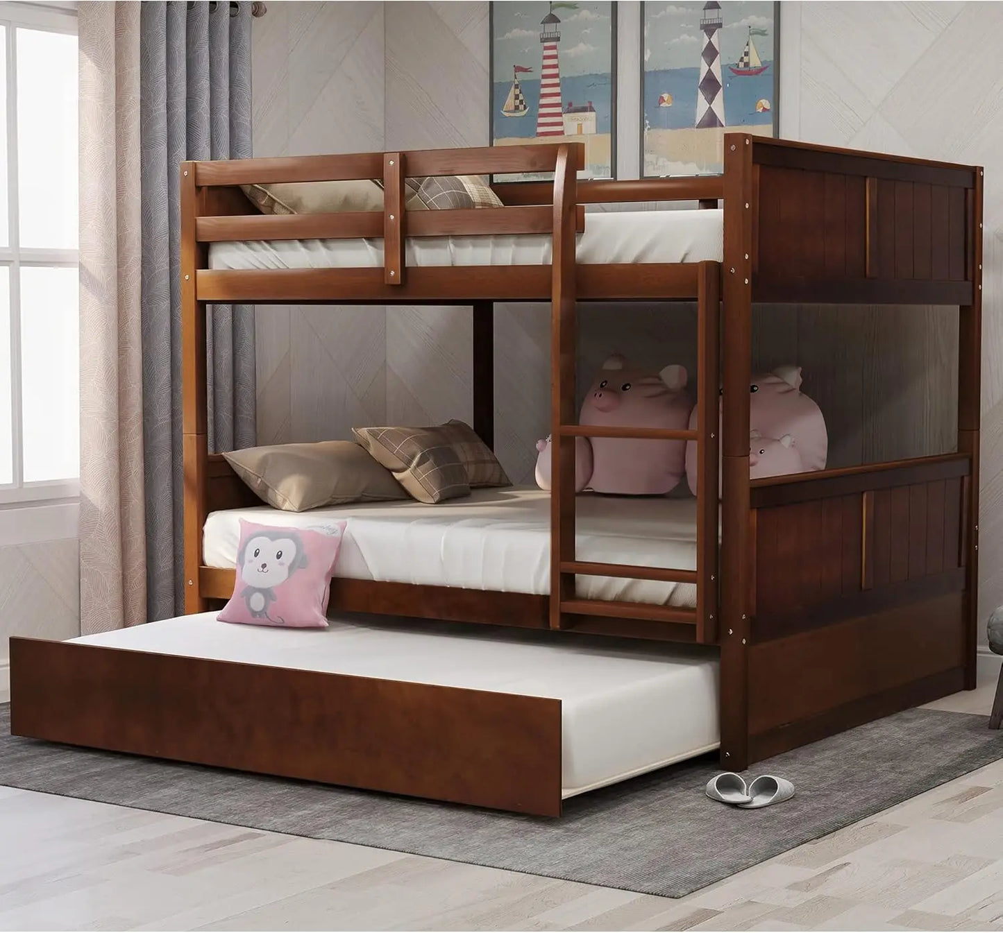 Full Over Bunk Beds, Solid Wood Bed with Trundle/Ladder/Safety Rail, for Kids Teens and Adults, Space Saving Bedroom Furniture