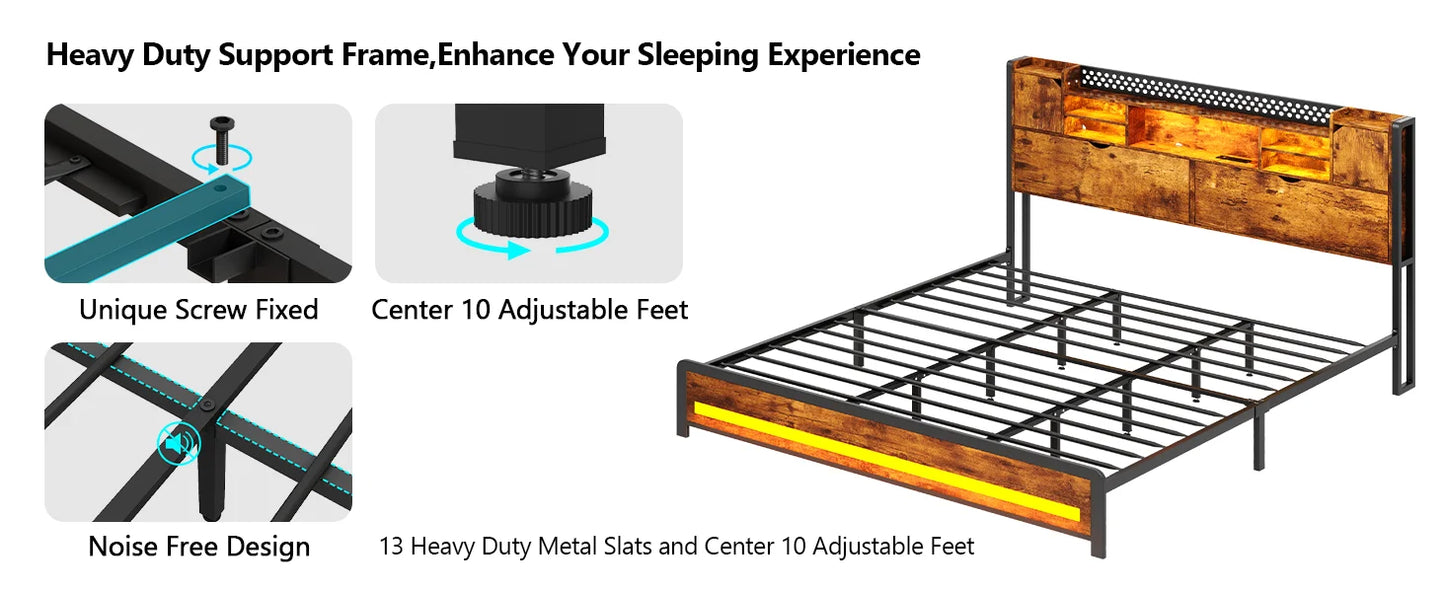 King Size Bed Frame, LED Bed Frame with USB Charging Station, Metal Platform Bed Frame King with Hidden Storage Space