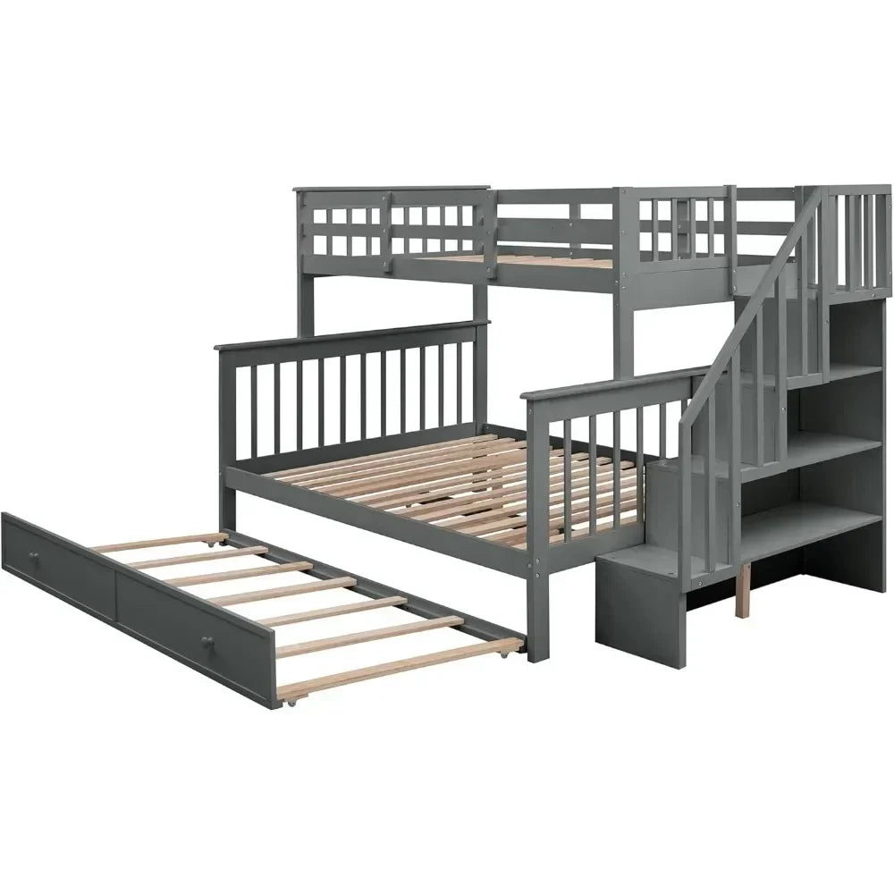 Bunk Bed, with Trundle and Storage Shelves, Twin Over Full Size Bunk SBeds Frame for Kids Teens Adults, Wood Bunk Bed Frame