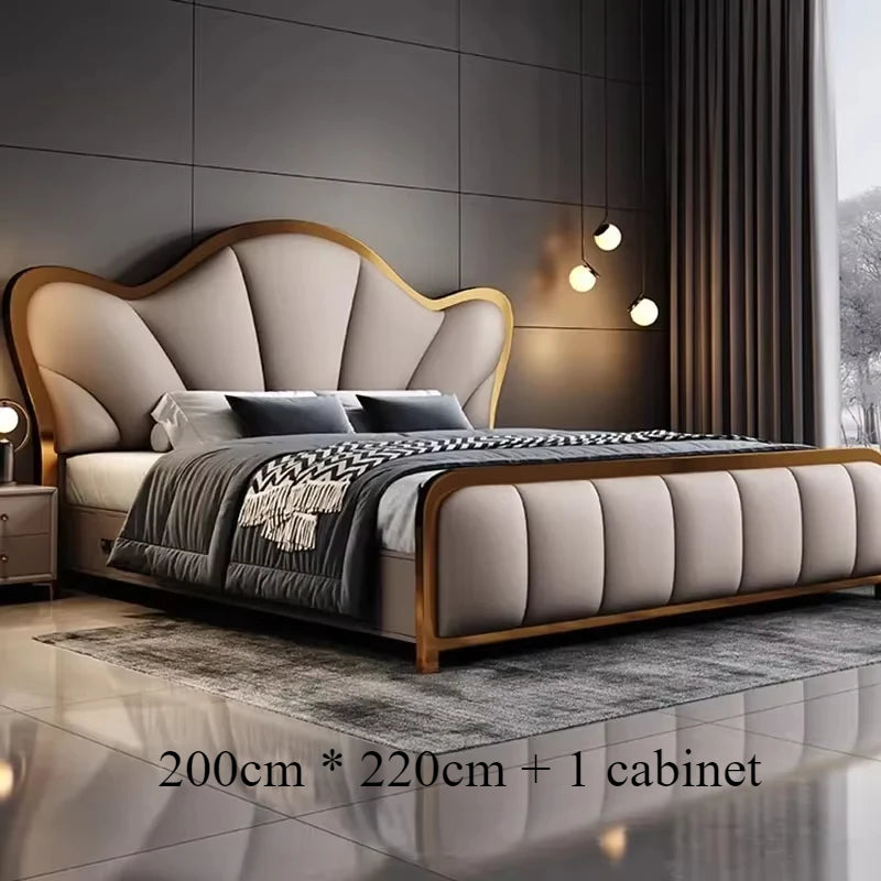 Nordic Luxury Double Bed Modern Wood High End Headboard Frame Double Bed Wedding Confortable Leather Cama De Casal Furnitures