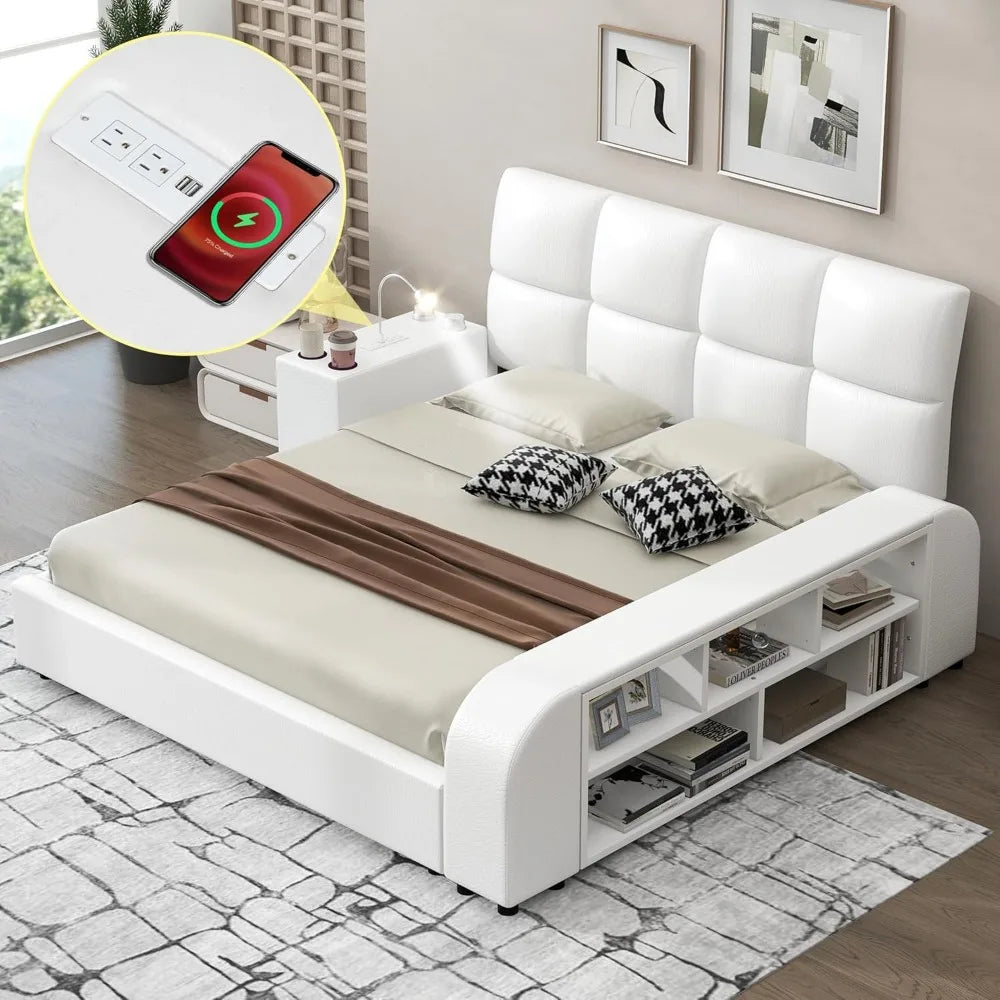 Queen Size Smart Bed Frame，Storage Shelves and Multimedia Nightstand,Upholstered Platform Bed with Headboard,Faux Leather，White