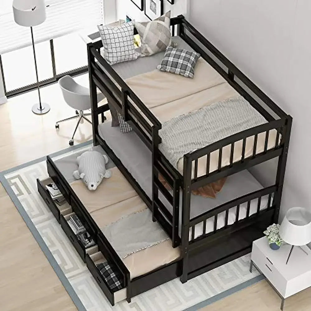 Solid Wood Twin Bunk Bed with Trundle 3 Drawers & Guardrail Sturdy Espresso Frame Kids Teens Adults Separate Beds Option 79.5''L