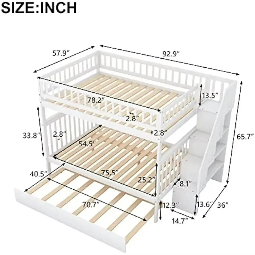 Bunk Beds, Full Over Full Bunk Bed with Trundle Bed, Wooden Bunk Bed with Staircase and Guardrail, Kids, Teens, Adults, Beds