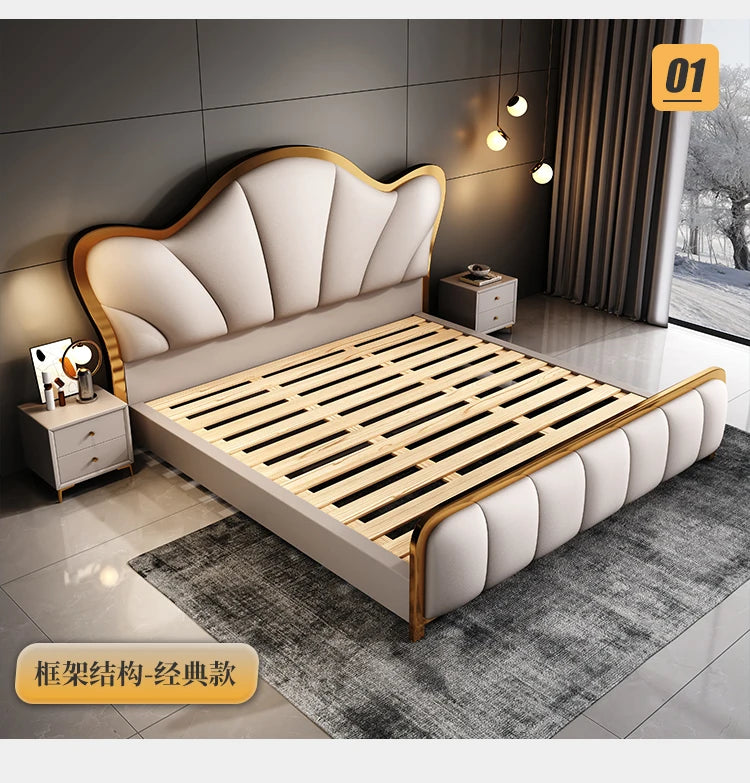 Nordic Luxury Double Bed Modern Wood High End Headboard Frame Double Bed Wedding Confortable Leather Cama De Casal Furnitures