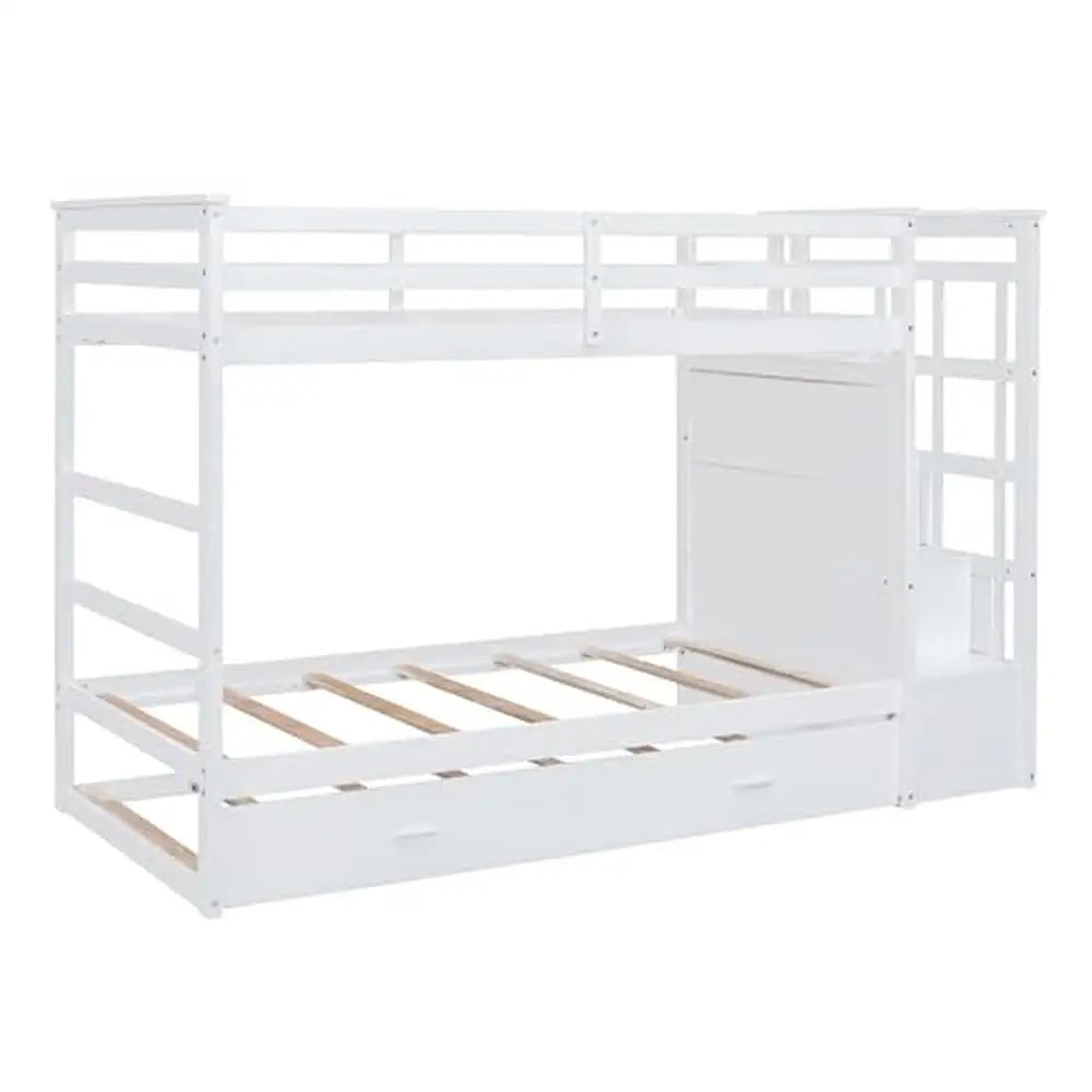 Solid Wood Twin Over Twin Bunk Bed with Trundle Storage Stairs and High Rails Kids Teens Adults Natural White 400lbs Capacity