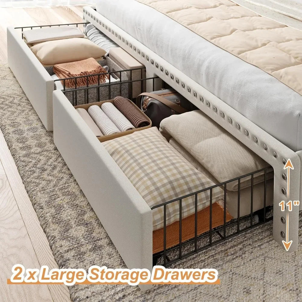 King Size Bed Frame with Storage and Headboard, Bed Frame with 2 Drawers and Storage, NO Noise,No Box Spring Needed