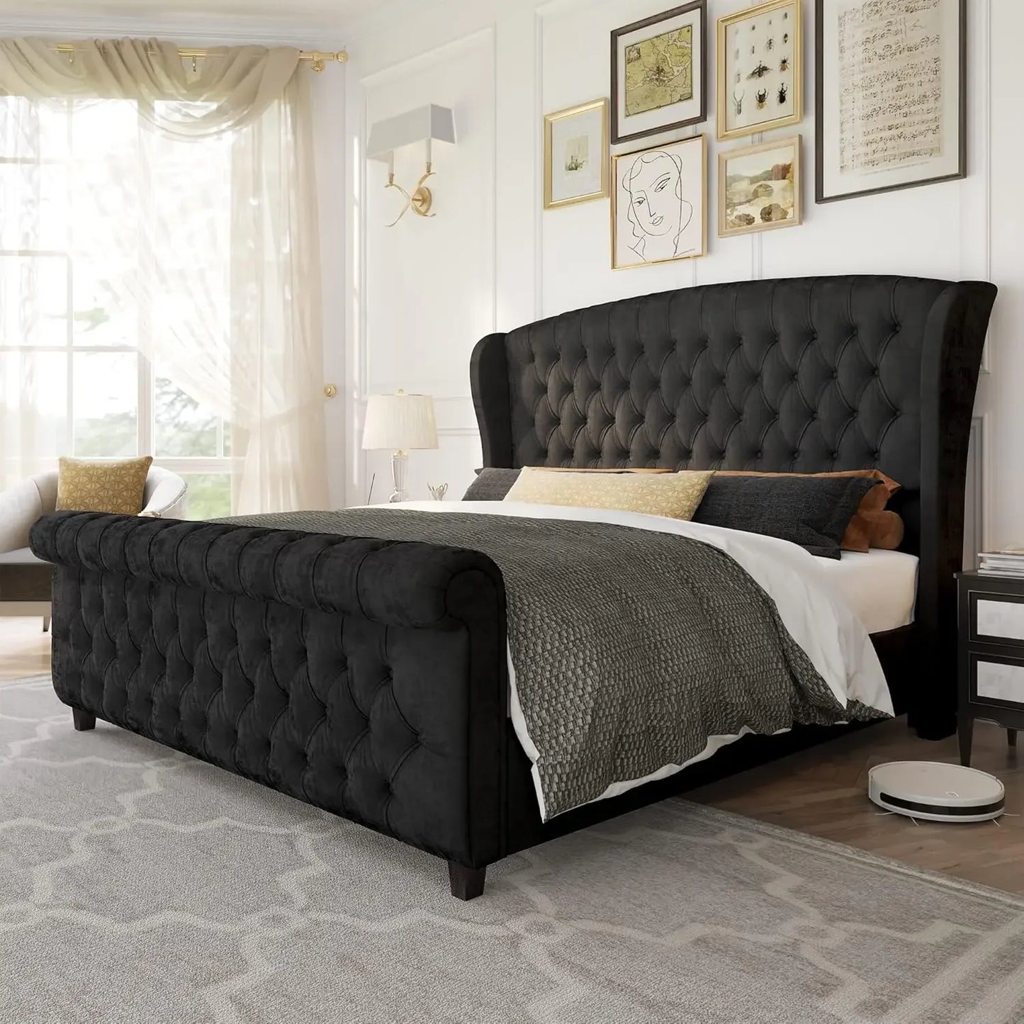 King Size Platform Bed Frame, Chenille Upholstered Sleigh Bed with Scroll Wingback Headboard & Footboard, Bed Frames