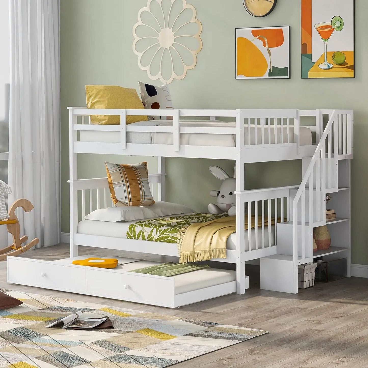 Harper & Bright Designs Stairway Full Over Full Bunk Bed With Trundle,Detachable Bunk Beds Full Over Full For Adults,Wood Full