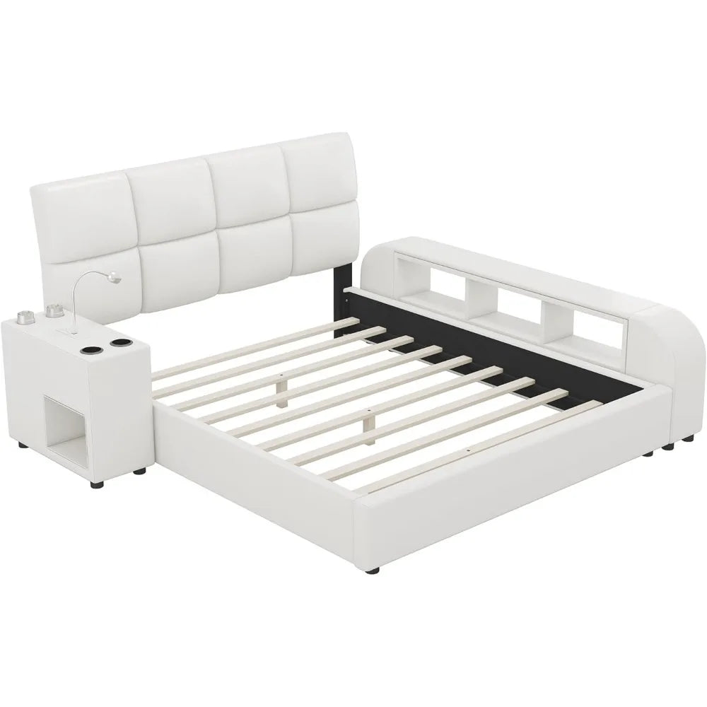 Queen Size Smart Bed Frame，Storage Shelves and Multimedia Nightstand,Upholstered Platform Bed with Headboard,Faux Leather，White