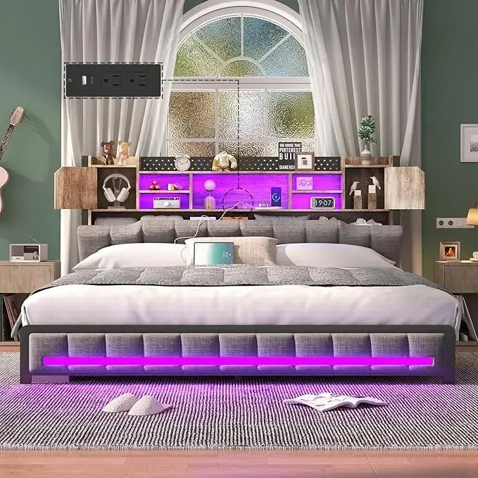 King Bed Frame and Bookcase Storage Headboard, LED Upholstered Bed Frame with Charging Station, Light Up Platform Bed Frame