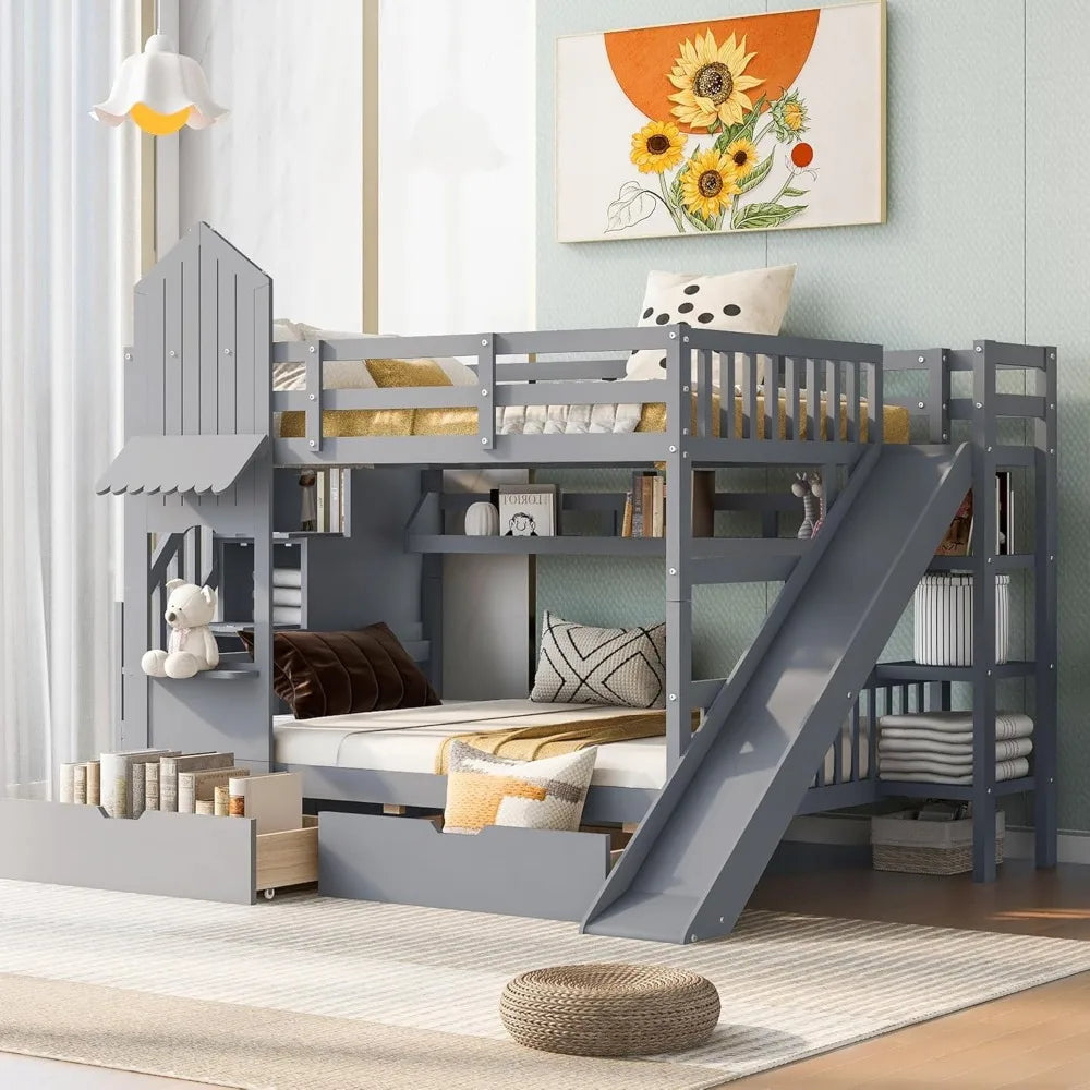 Kids Bunk Bed with Stairs & Slide, Wooden Full Over Full Bunk Bed with Storage, Castle Style Bunk Beds for Kids Teens Girls Boys