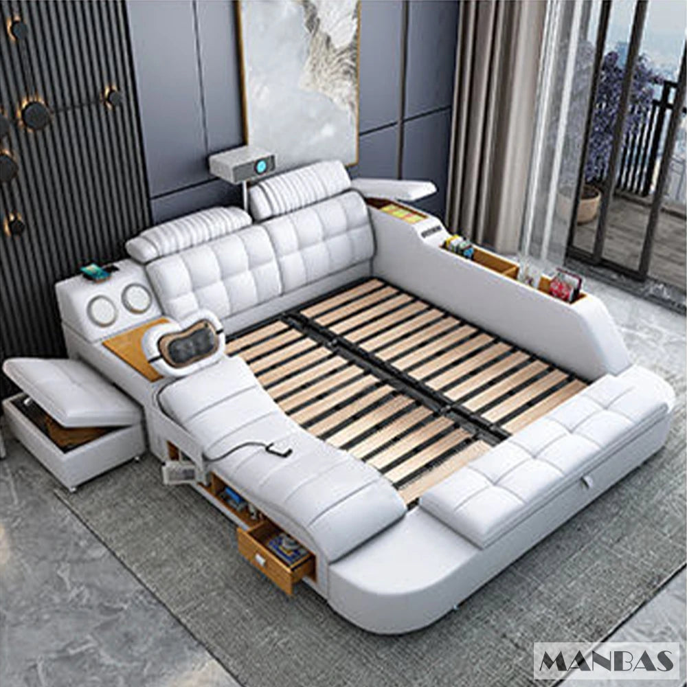 MINGDIBAO Tech Smart Genuine Leather Bed | Multifunctional Ultimate Beds | Massage Tatami Bed with Projecter | Upholstered Cama