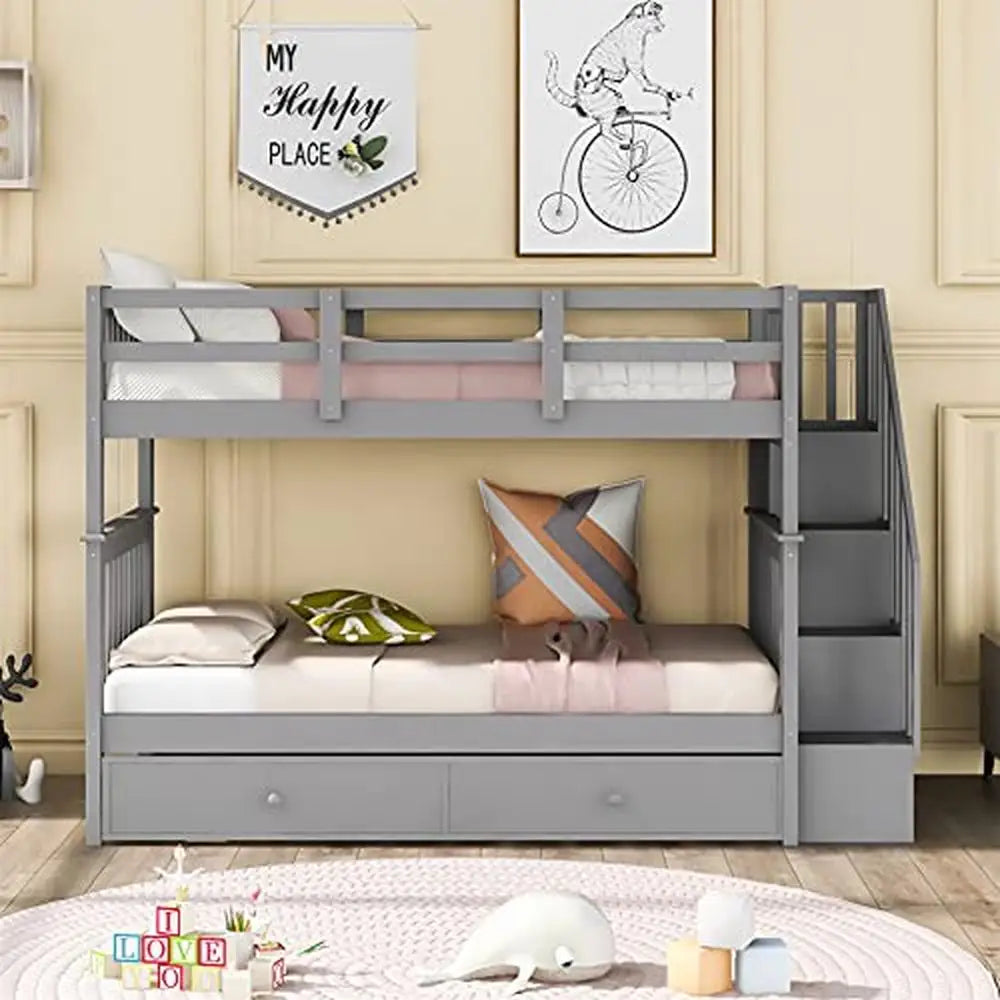 Solid Wood Twin Bunk Bed with Stairs Trundle & Storage Durable Frame Kids Teens Adults Gray Modern Country Style Twin over Twin