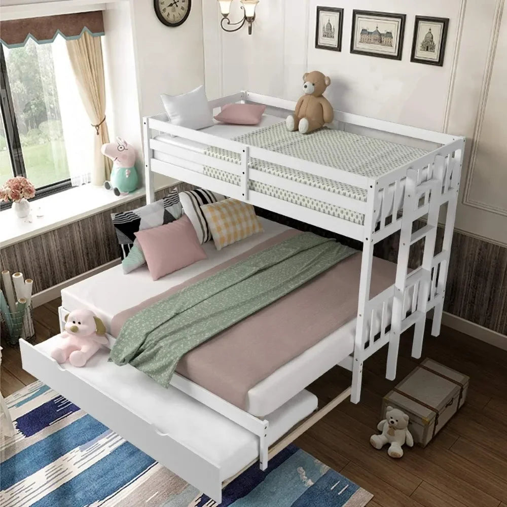 Twin Over Pull-Out Bunk Bed with Trundle, Extendable, Solid Wood Bed with Ladder & Safety Rail, for Kids Adults Teens, Bunk Beds