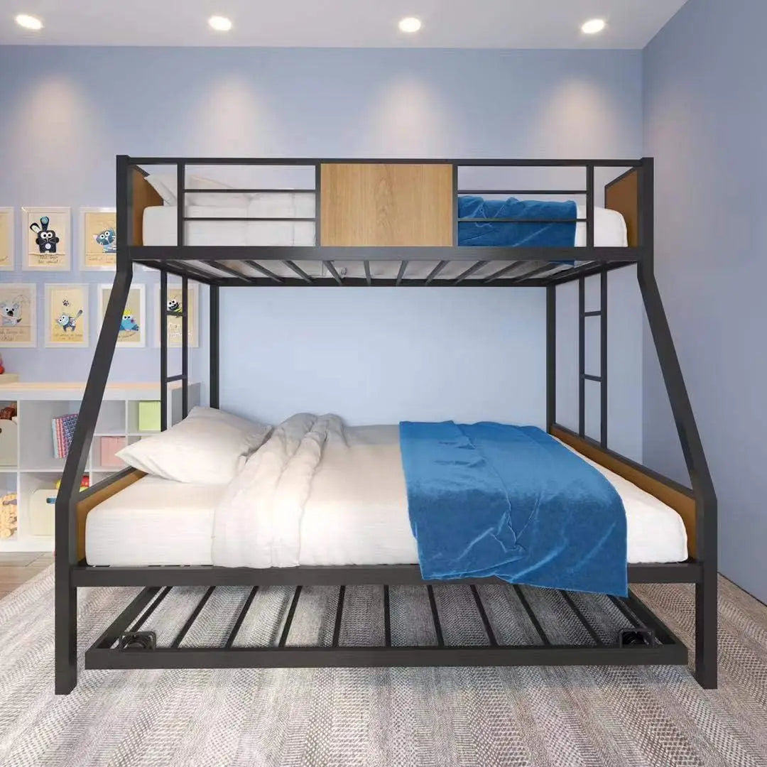 Twin Over Full Bunk Beds with Trundle Bed,Heavy Duty Metal Bed Frame with Safety Rail 2 Side Ladders for Boys Girls Adults