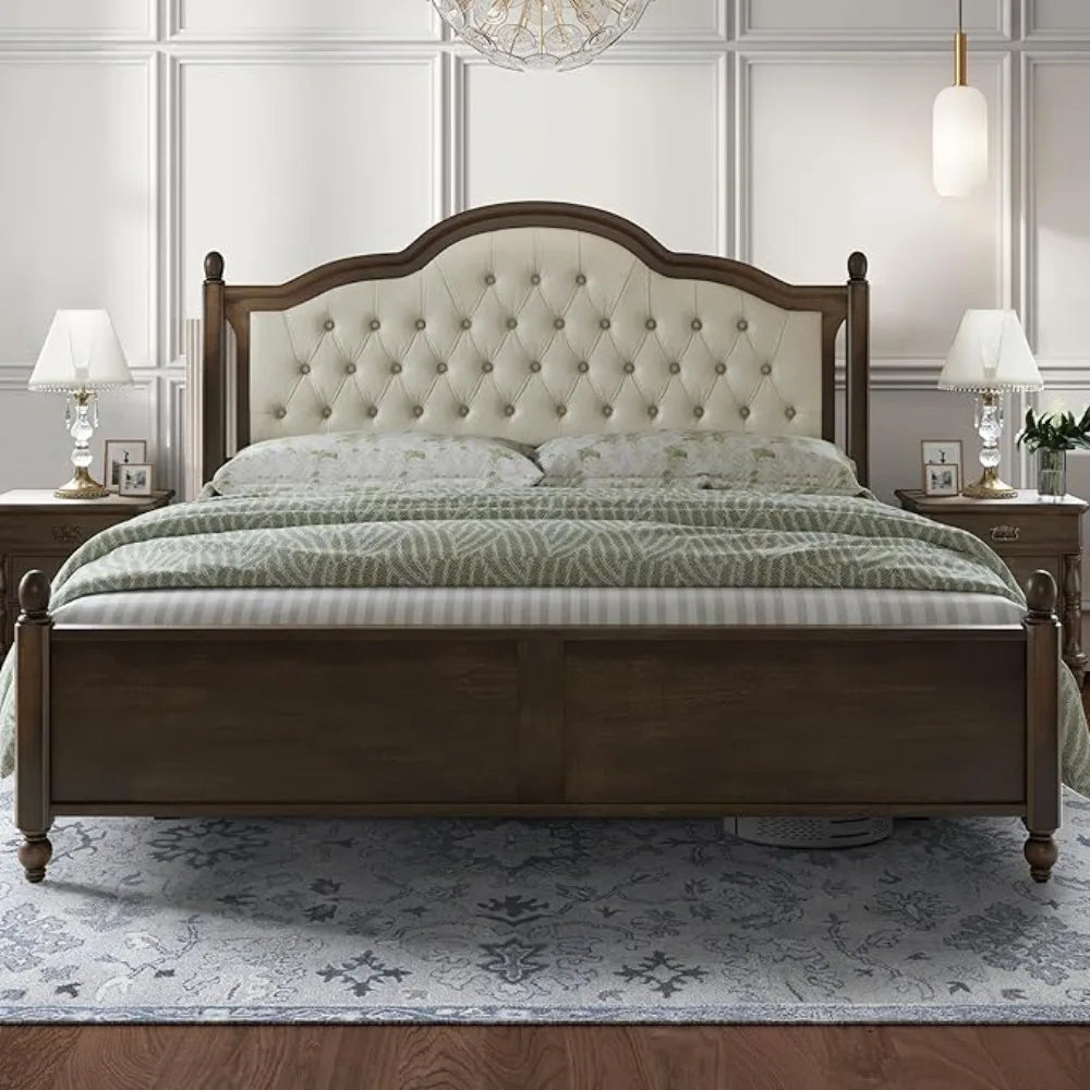 King Size Solid Wood Bed Frame, Transitional Platform Bed with  Upholstered Tufted Headboard, Rubberwood/Roman Column Accents